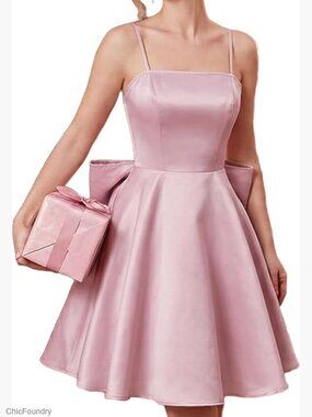 Satin Bow Homecoming Dress Spaghetti Strap Mini Gown